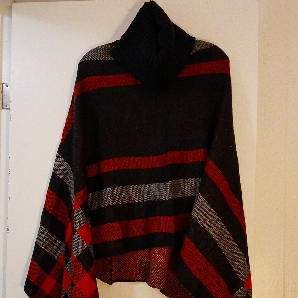 Unknown New Black and Red Striped Poncho with Cowl Neck.  Warm One Size